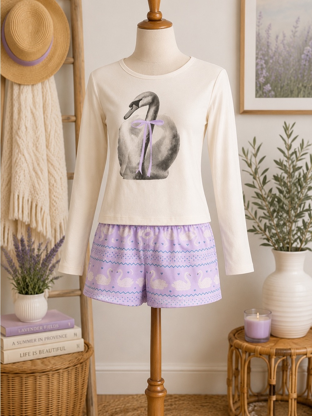 Art Class 3 Piece Pajama Set Purple Cream Swan Large 10-12 NEW